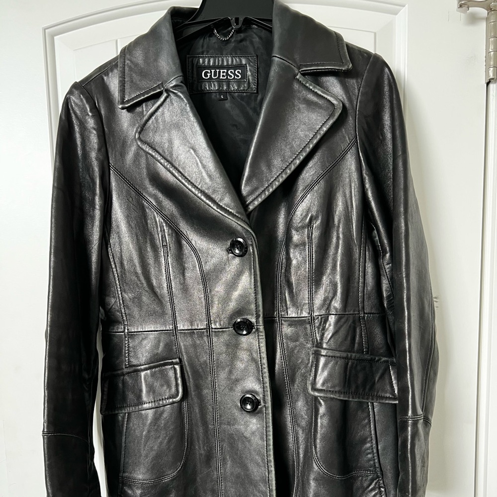 Guess large leather long button front coat